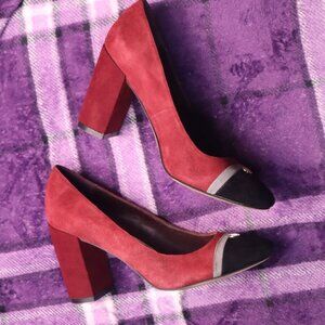 COLORBLOCK HEELS 7.5 Tommy Hilfiger Chunky Red Black Fall Classic Leather Retro